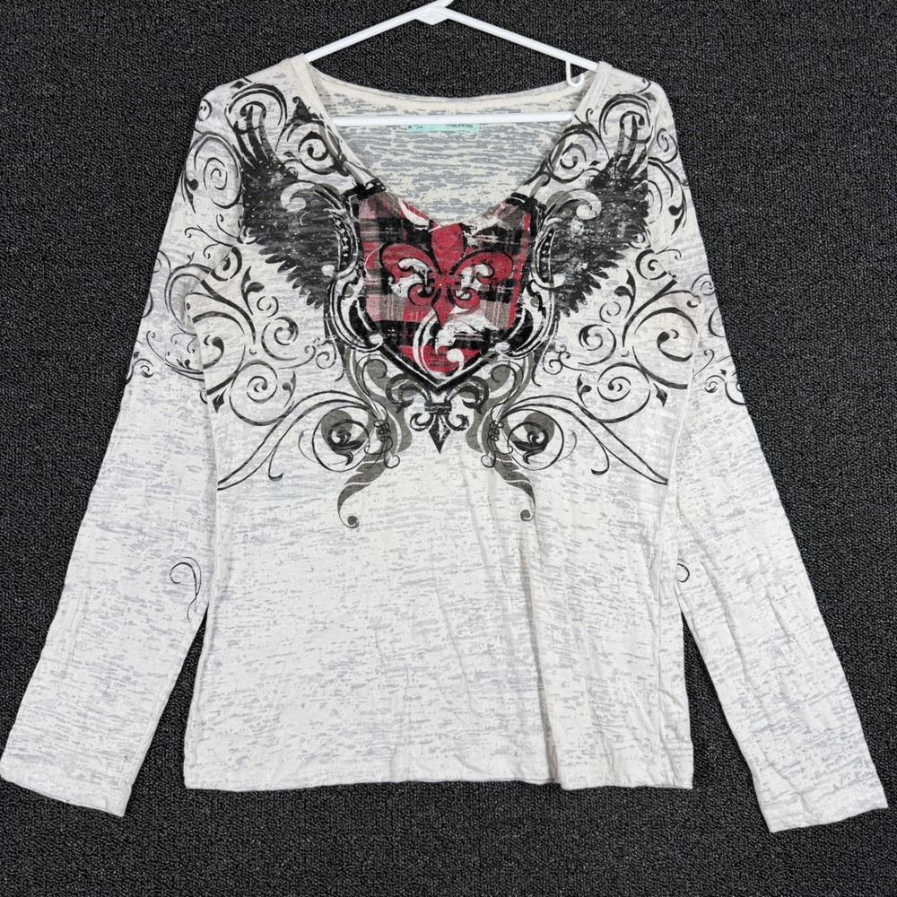 Maurices Burnout Graphic Long Sleeve Women's M Fleur De Lis Y2K Style Grunge